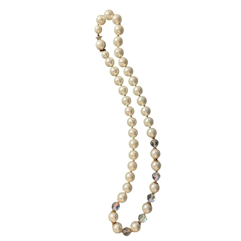 Vtg Faux Pearl & Plastic Crystal Bead Necklace With Gold-Tone Accents 18" Retro